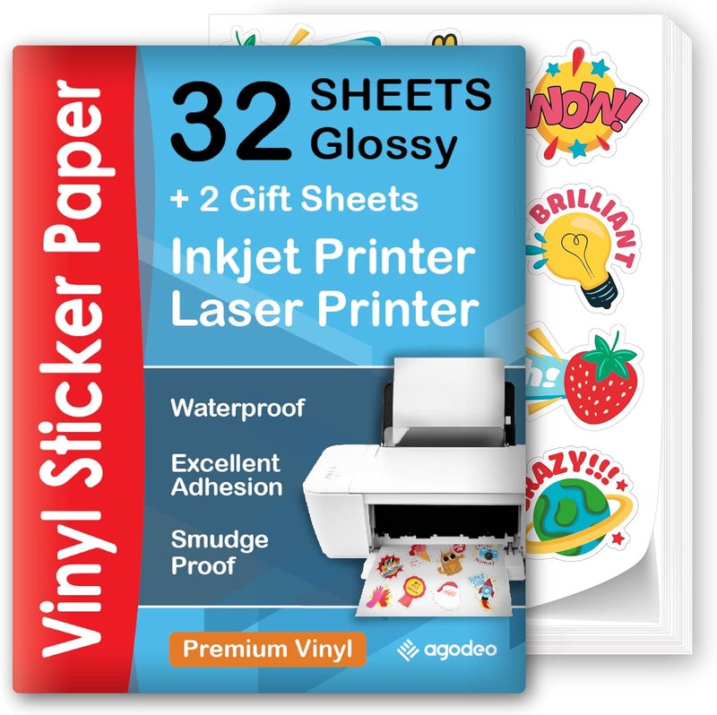 AgoDeo Premium Printable Vinyl Sticker Paper for Inkjet & Laser Printer - 32 Sheets Self-Adhesive Sheets Glossy White Waterproof, Dries Quickly Vivid Colors, Holds Ink well- Tear Resistant (Glossy) - Image 1